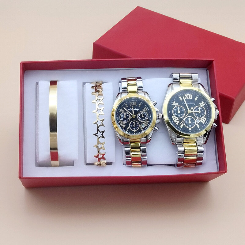 Conjunto de reloj de cuarzo y acero para hombre y mujer, pulsera de lujo con 4 piezas, regalo para parejas