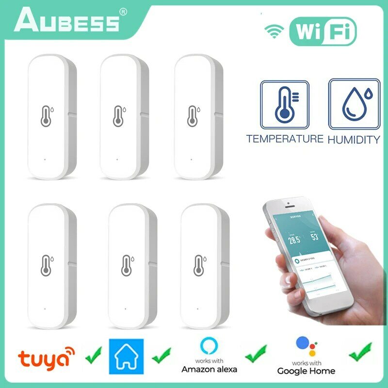AUBESS-Sensor inteligente de temperatura y humedad para el hogar, termómetro con conexión Wifi, funciona con Smart Life, Alexa y Google home, Tuya