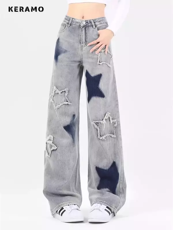 Женские джинсы со звездами, дизайнерские американские винтажные вышитые повседневные джинсовые брюки, женские свободные прямые брюки с высокой талией