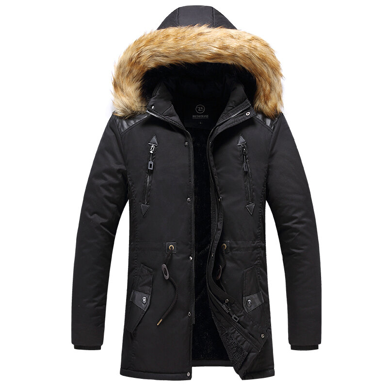 Vêtements d'hiver en coton pour hommes, manteau épais et moyen, long, à gros col en laine, à capuche, en peluche, pour jeunes