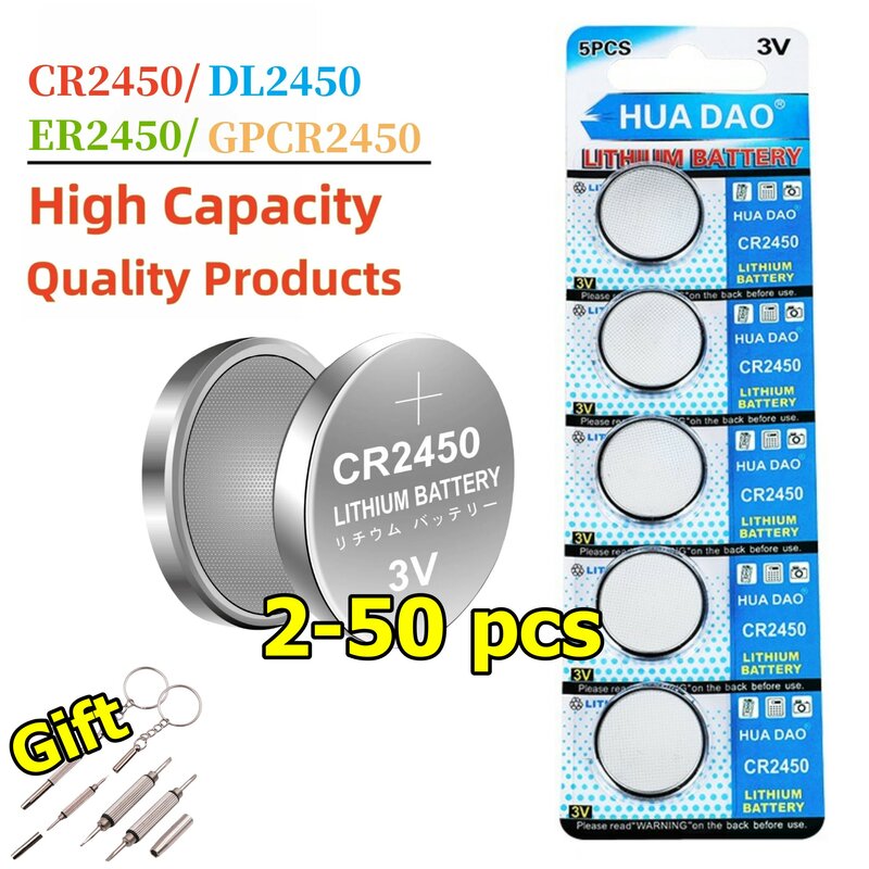 2 pz-50 pz 3V CR2450 batteria al litio Cr 2450 batterie per auto telecomando chiave orologio elettronico cella a bottone