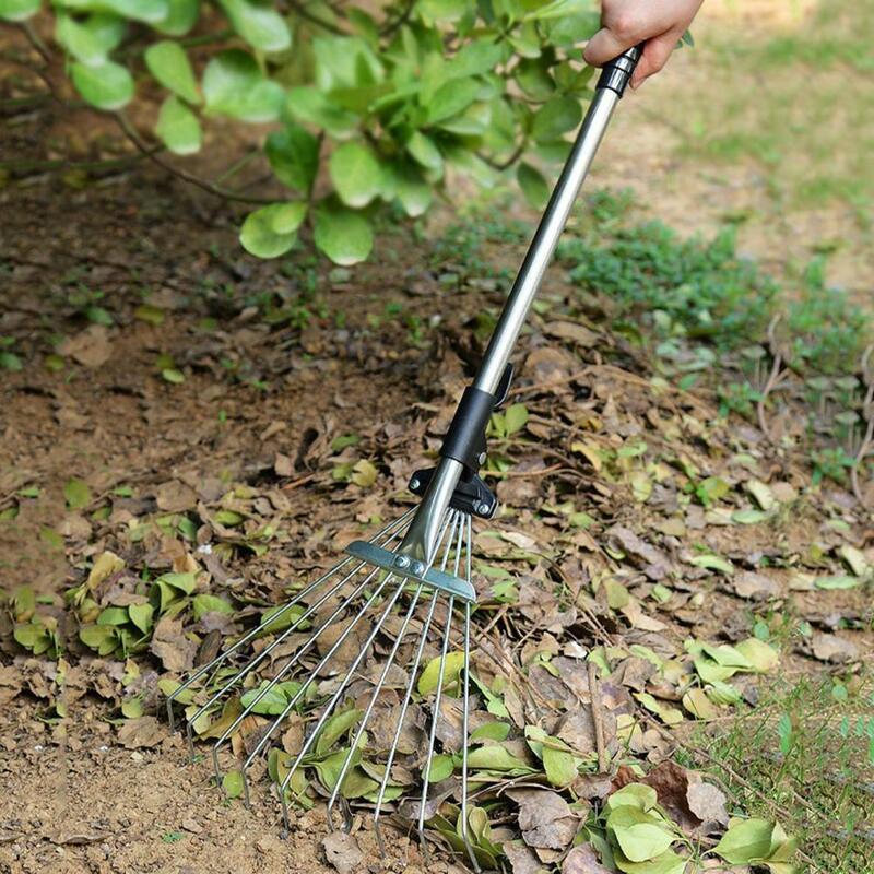 Rastrillo de acero inoxidable con mango telescópico, herramienta de jardín ligera, diseño ergonómico, operación Simple, recortes de hojas y hierba