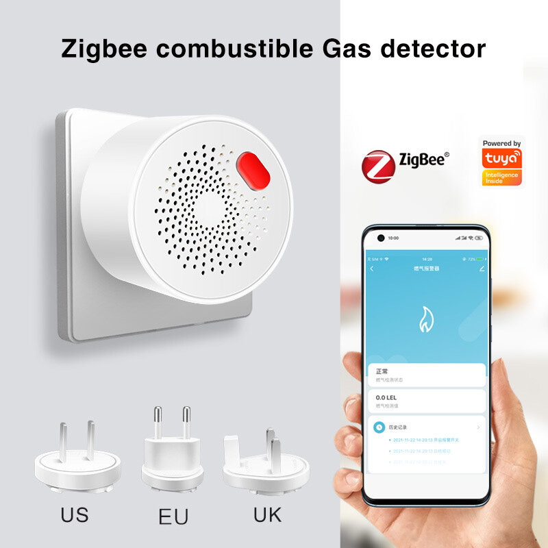 Smart Zigbee Gas Leak Detector, Wireless GPL Natural Gás, Metano Vazamento Sensor para Uso Doméstico, Sistema de Alarme de Cozinha, US Plug, Tuya