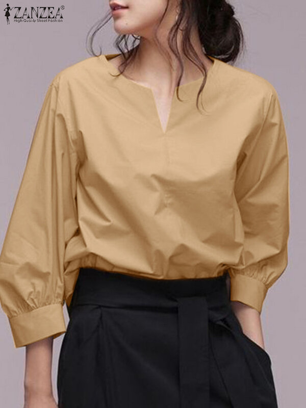 ZANZEA 2024 Spring Women Blouse Fashion 3/4 Lantern Sleeve Blusas Tunics Vintage V-neck Tops Casual Loose Solid Shirts Oversized