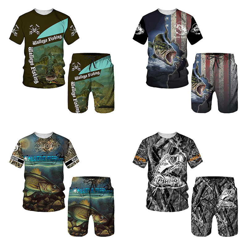 YUHA-Conjunto de camiseta y pantalones cortos para hombre, ropa deportiva con estampado 3D de carpas, chándales de manga corta con cuello redondo, ropa fresca para verano