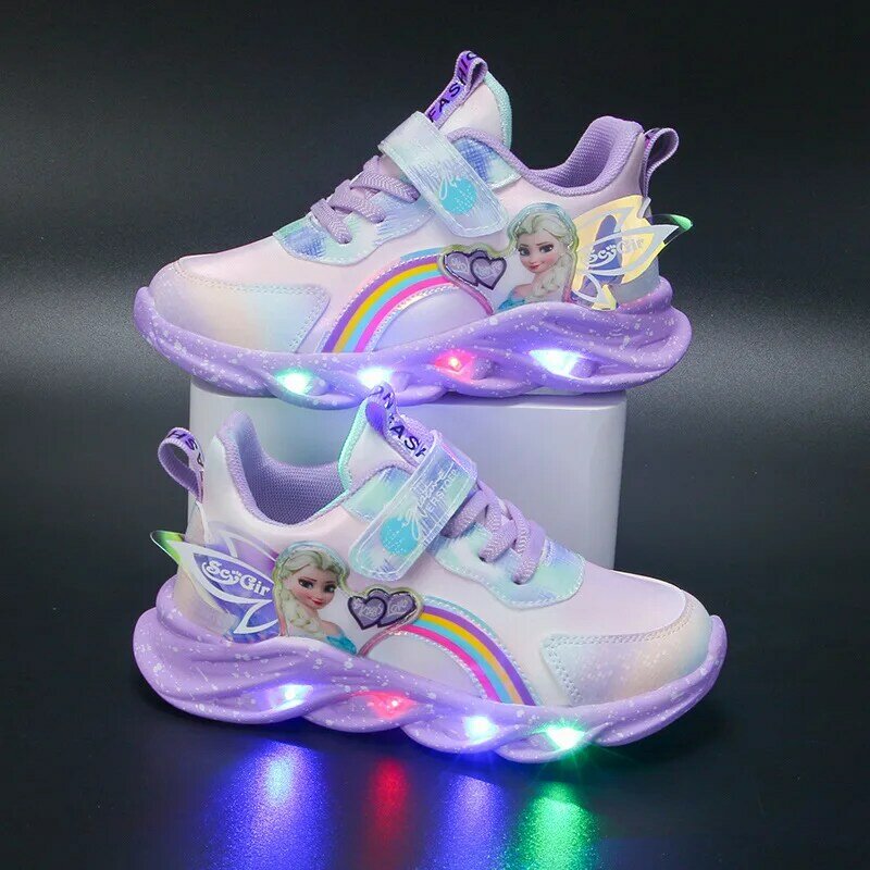 Disney-zapatos deportivos para niña, calzado de malla transpirable con luces LED, Frozen, princesa Elsa, rosa, Morado, piel sintética, talla 22