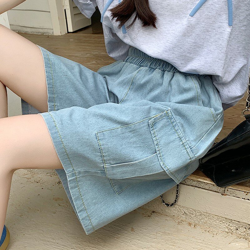 Celana Jeans kasual panjang selutut, celana pendek Denim wanita musim panas gaya Korea kantong ganda W1714 2024