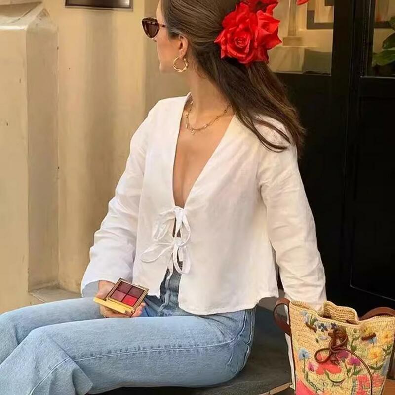 Solid Color Shirt Stylish V-neck Shirt for Women Loose Fit Solid Color Top with Front Tie 3/4 Sleeve Streetwear Spring Summer