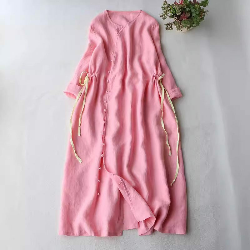 2024 Spring Summer Original Retro Dress Linen V-Neck Slanted Front Waist Slim Women's Art Pink Long Sleeve Cardigan Dress K994