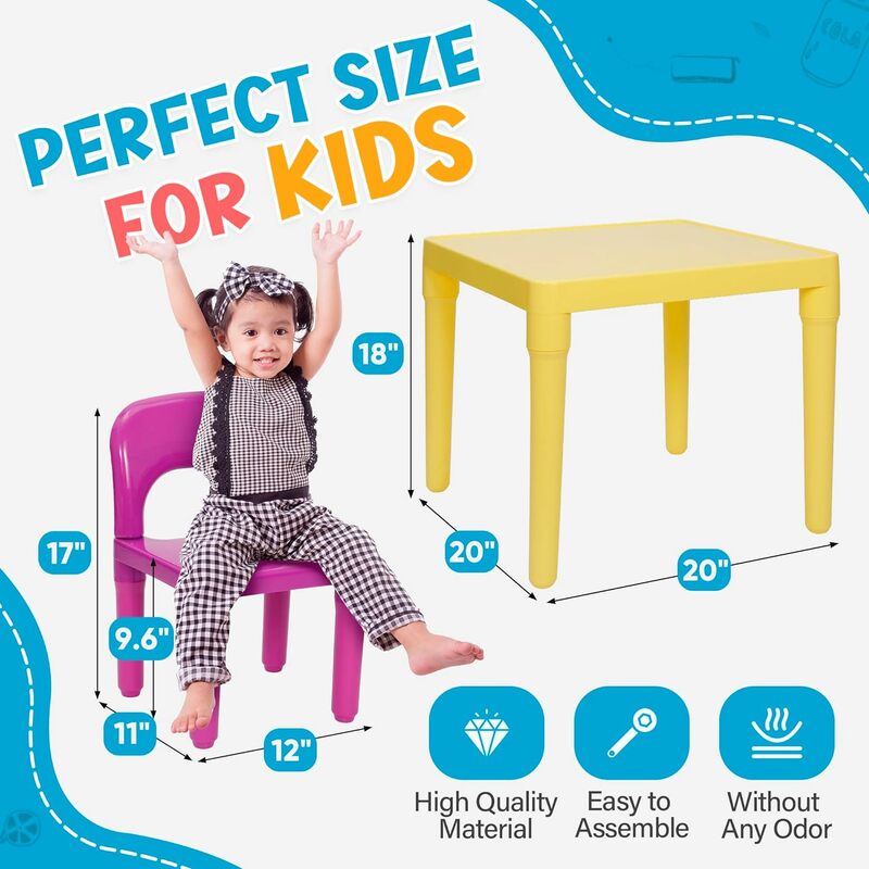 Kids Plastic Table and 4 Chairs Set, Multicolor Play Room Furniture for Reading, Train, Art, Crafts