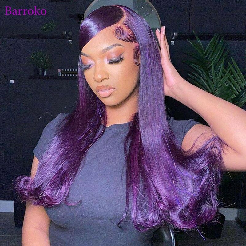 Barroko-Peluca de cabello humano con encaje frontal para mujeres negras, pelo Remy brasileño transparente, color morado oscuro, 13x4, 13x6