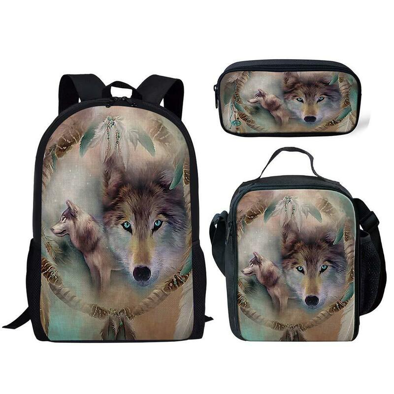 กระเป๋าเป้สะพายหลังสำหรับใส่แล็ปท็อปกระเป๋านักเรียน3ชิ้น/เซ็ตพิมพ์ลาย3D การ์ตูนหมาป่าตลกกระเป๋าใส่ดินสอกระเป๋าใส่ข้าวกลางวัน