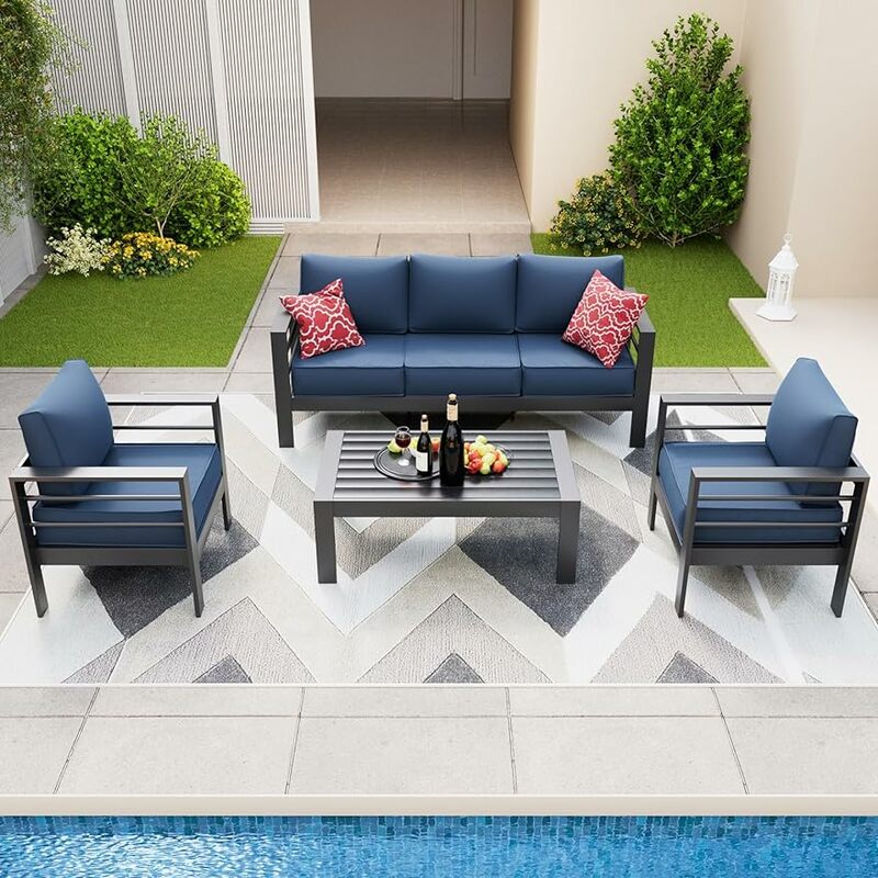 Conjunto de móveis de alumínio do pátio, sofá secional ao ar livre com mesa de café para jardim, piscina, metal, moderno