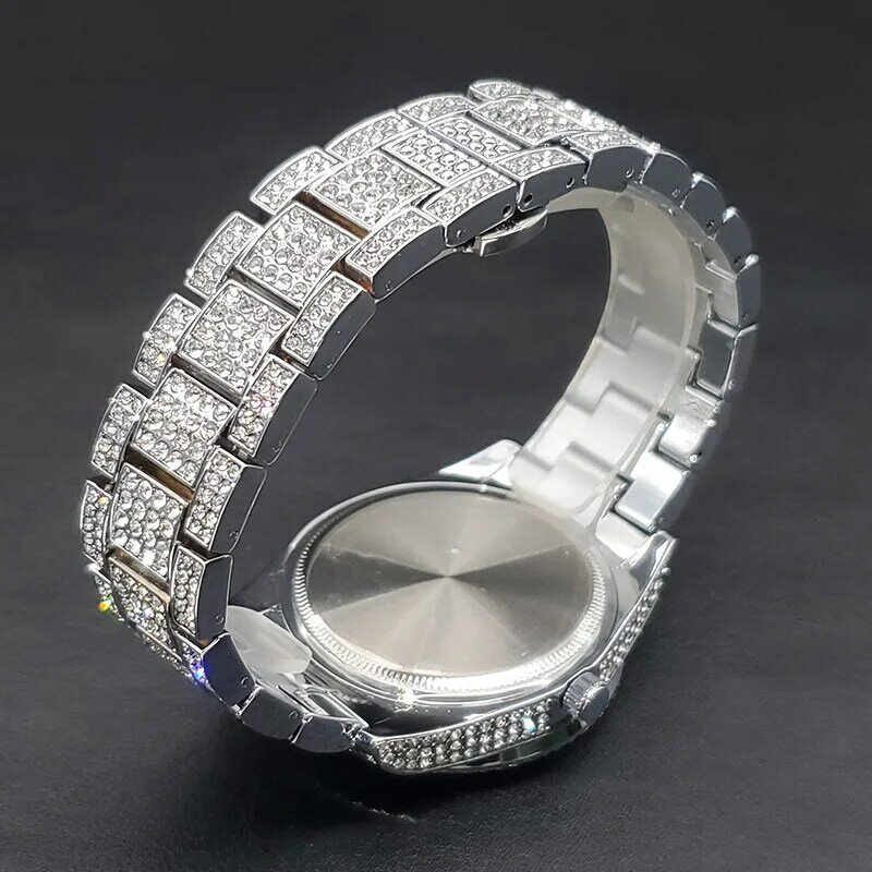 Relógio de pulso de diamante para homens, relógio automático redondo, prata 5a zircão, gelado, hip hop, dropshipping, marca de luxo, moda, novo