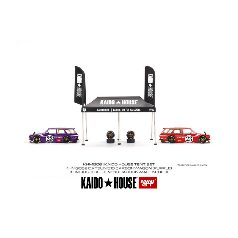 Minigt kaido House 1:64 510 Wagon V1คาร์บอนไฟเบอร์พร้อมเต็นท์ชุดสะสมโมเดลรถยนต์ diorama อัลลอยขนาดเล็ก