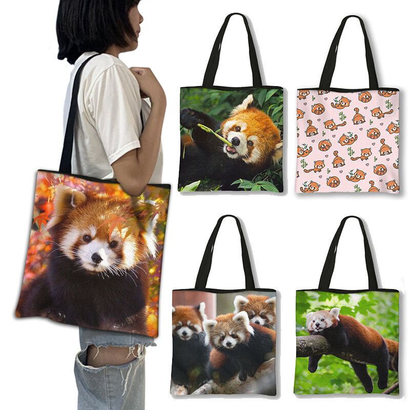 Niedliche rote Panda-Druck Umhängetasche Leinwand kawaii Tiere Einkaufstaschen große Kapazität Damen Totes Tasche wieder verwendbare Einkaufstaschen Geschenk