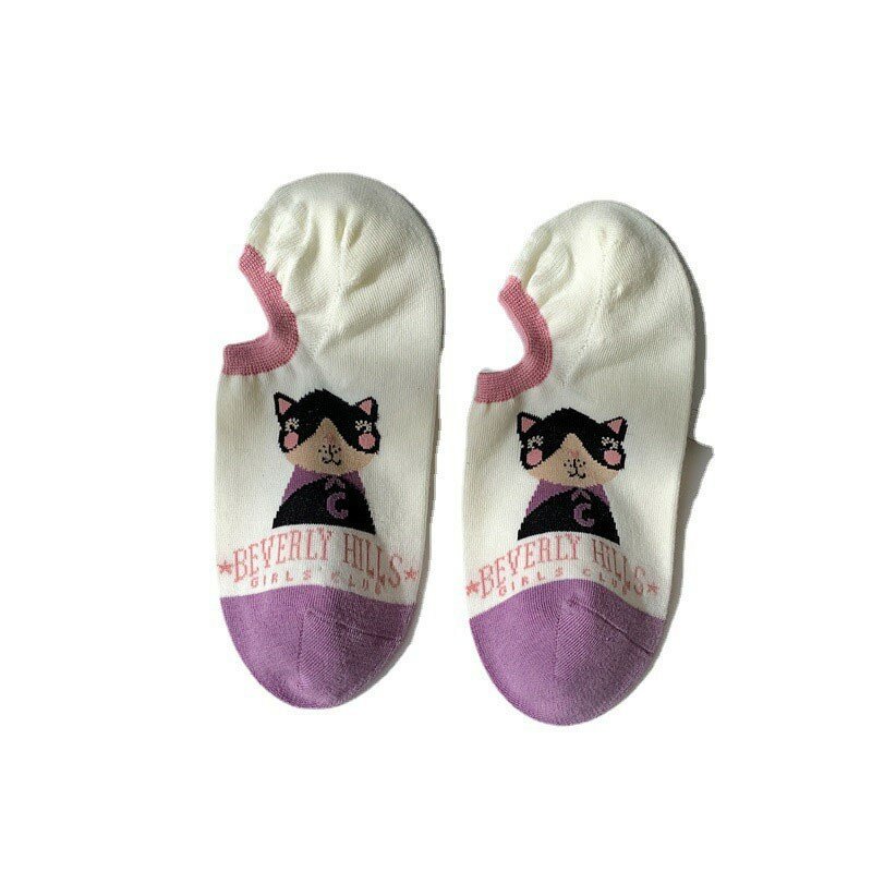 Calcetines tobilleros con estampado de gato de dibujos animados para mujer, medias invisibles y transpirables con letras simples, a la moda, novedad, G110