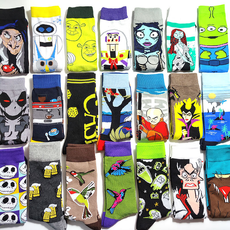 Meias de algodão engraçadas dos desenhos animados masculinas, meias de casal na moda, meias longas felizes, 47 estilos
