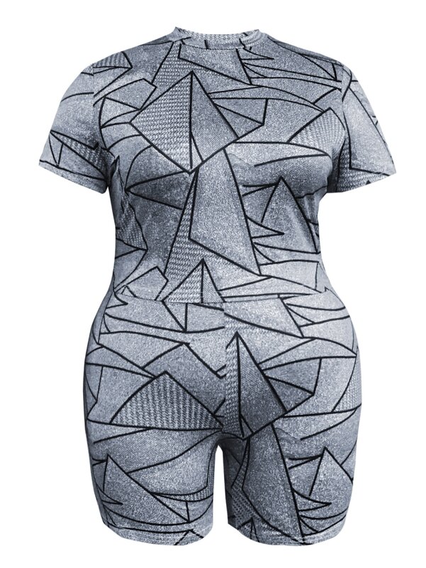 LW-Ensemble deux pièces pour femme, t-shirt à manches courtes et short à imprimé géométrique, col rond, objectifs de sport, grande taille, été