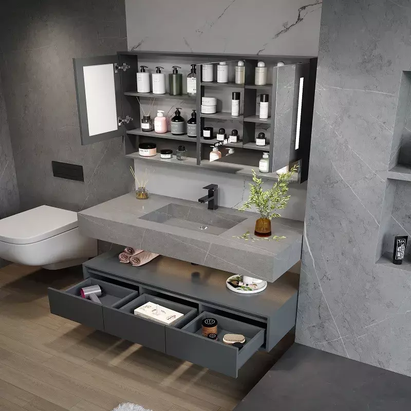 Mueble de baño con lavabo de piedra, mueble de baño moderno, combinación integrada de pizarra inteligente, tocador