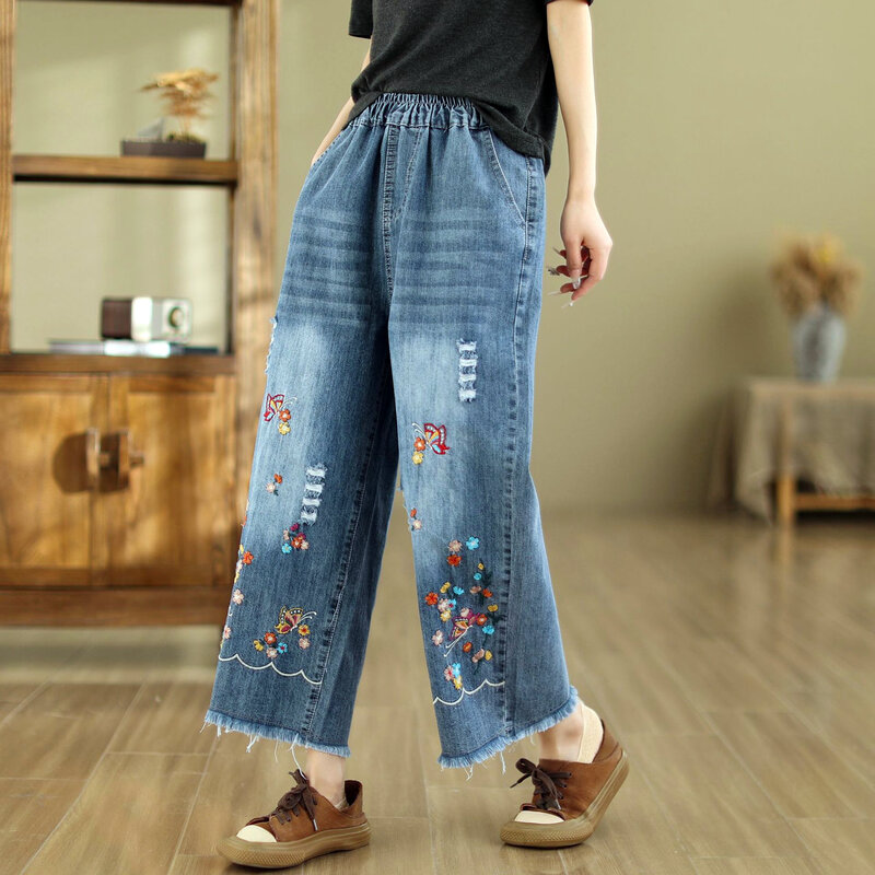 Calça jeans feminina bordada com flor de Aricaca, harém, solta, cintura alta, perna larga, moda