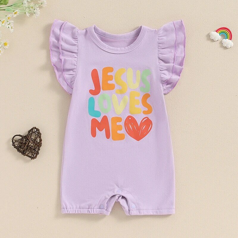 2024-04-01 Lioraitiin Newborn Baby Boys Girls Jumpsuits Ruffle Sleeve Round Neck Heart Letter Print Rompers Clothes