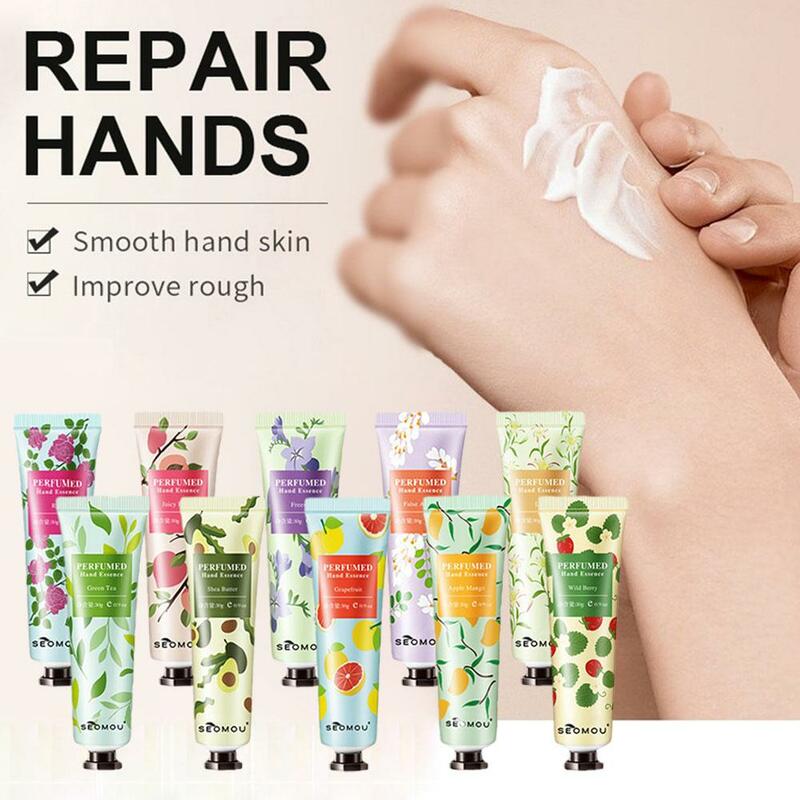 10 stücke Blumen frucht Hand creme feuchtigkeit spendende pflegende Anti-Falten-Anti-Riss-Reparatur cremes für Hände Hautpflege produkte