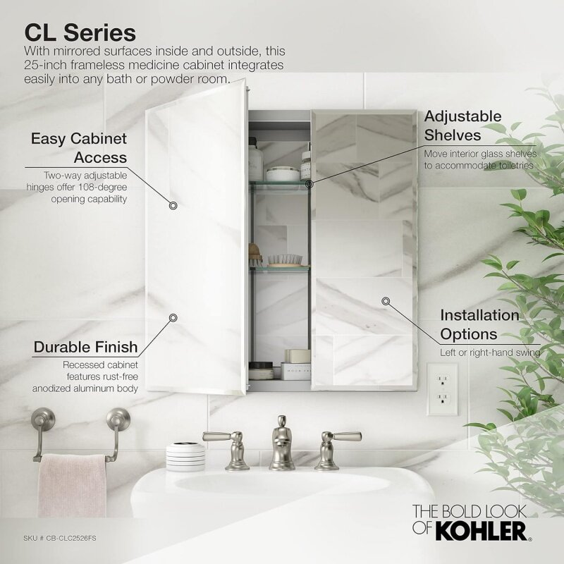KOHLER CB-CLC2526FS 25 "W x 26" H, двухдверный медицинский шкаф для ванной комнаты с зеркалом, встраиваемый или поверхностный монтаж, настенная камера для ванной комнаты