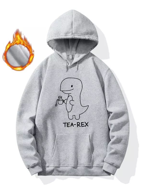 Cute Funny T Rex Drink Tea Print Hoodie, Cool Hoodies For Men, Men's Casual Graphic Design Pullover Hooded Sweatshirt With