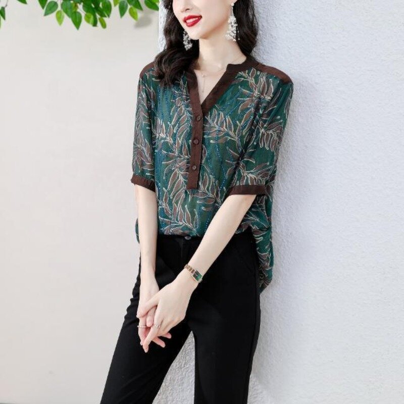 Coreano pendolare estate donna scollo a v stampa diamanti monopetto moda dolce manica corta allentata camicia di media lunghezza top