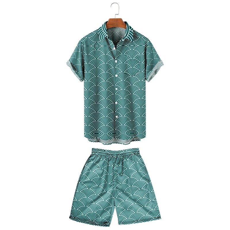 Мужской комплект с принтом, Повседневная рубашка с отложным воротником и короткими рукавами, пляжные шорты, летняя уличная одежда, Гавайская морская волна для мужчин, 2022