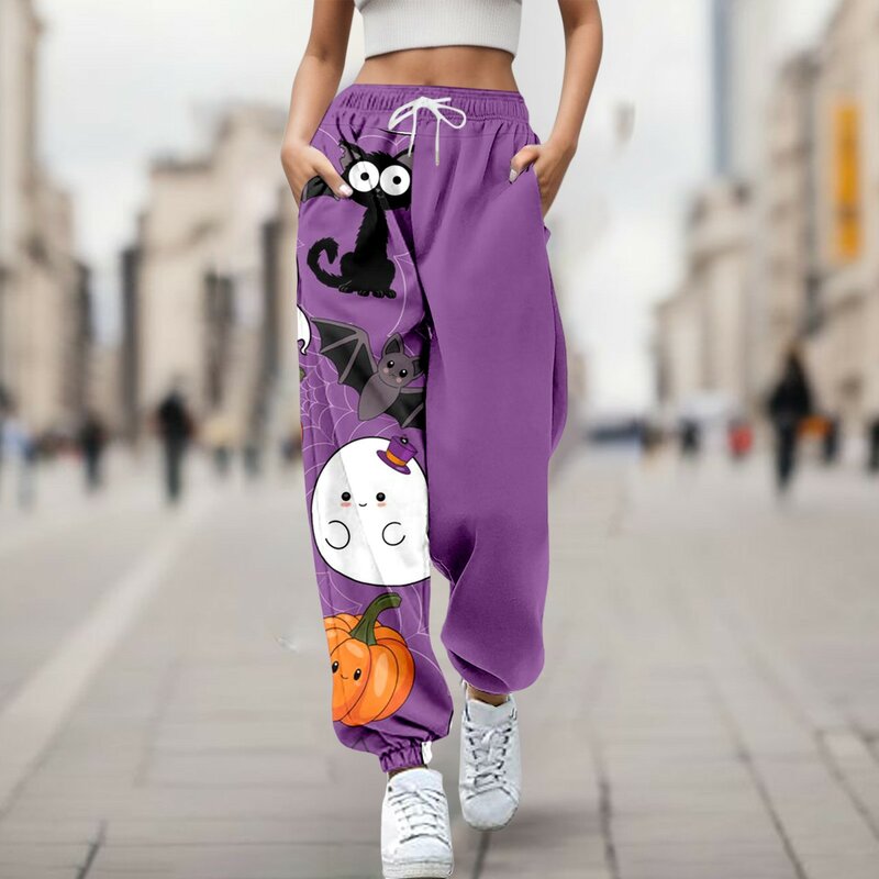 Pantalones de chándal holgados para mujer, pantalón largo con estampado de gato para Halloween, Otoño e Invierno