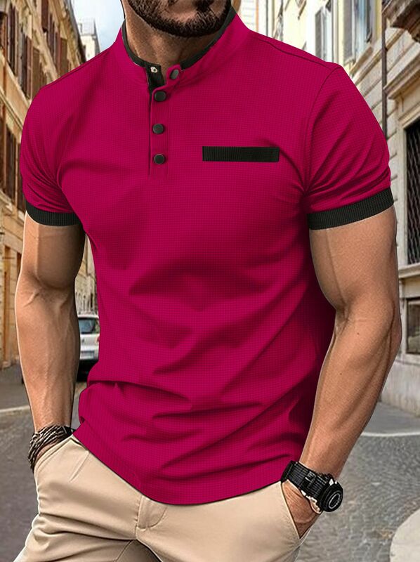 Nowa męska wysokiej jakości modna koszulka polo lato z krótkim rękawem w kratę, z guzikami jednolity kolor stojący kołnierz koszulka polo z krótkim rękawem
