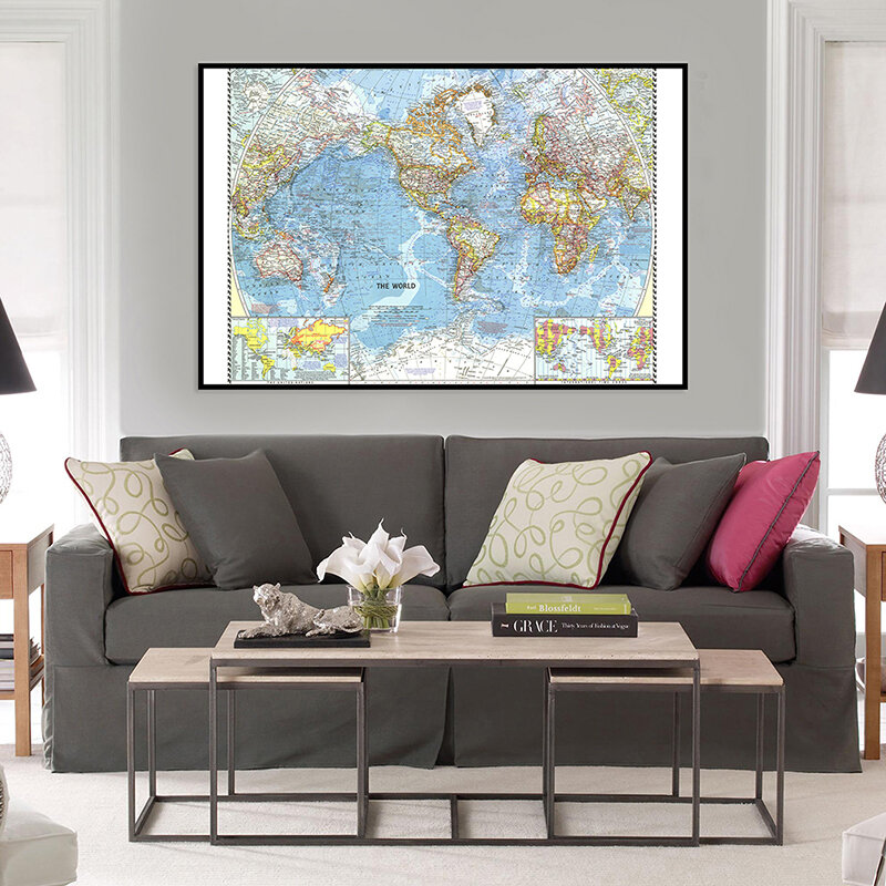 1960 World Map Globe 90*60cm Canvas Map of The World Wall Sticker Retro  Wallpapers for Home School Education Decor