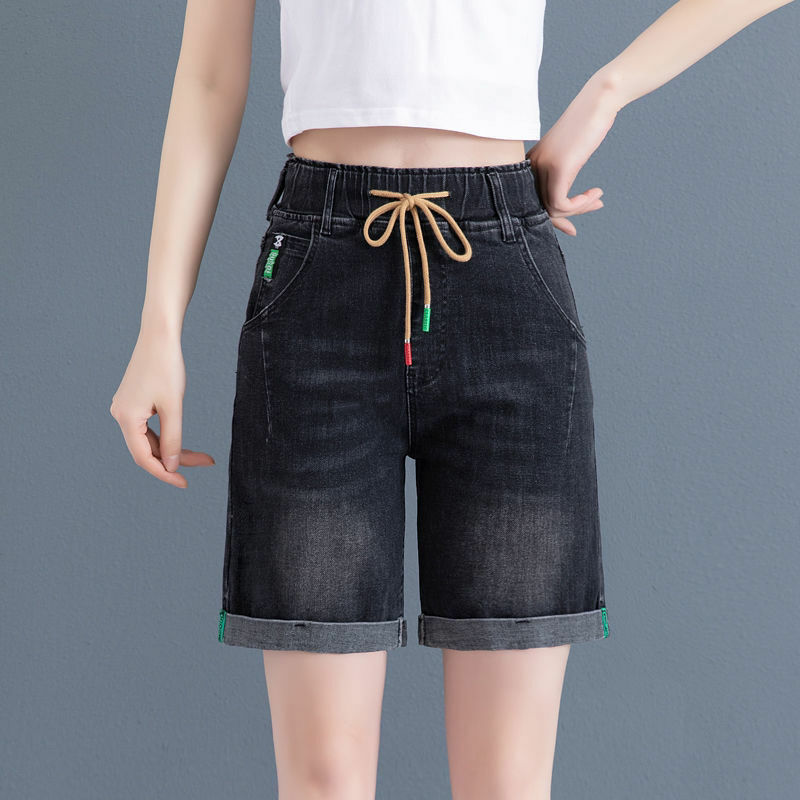 Pantalones cortos de mezclilla de Cintura elástica de gran tamaño, pierna recta suelta, cintura alta delgada, pierna ancha, verano, nuevo
