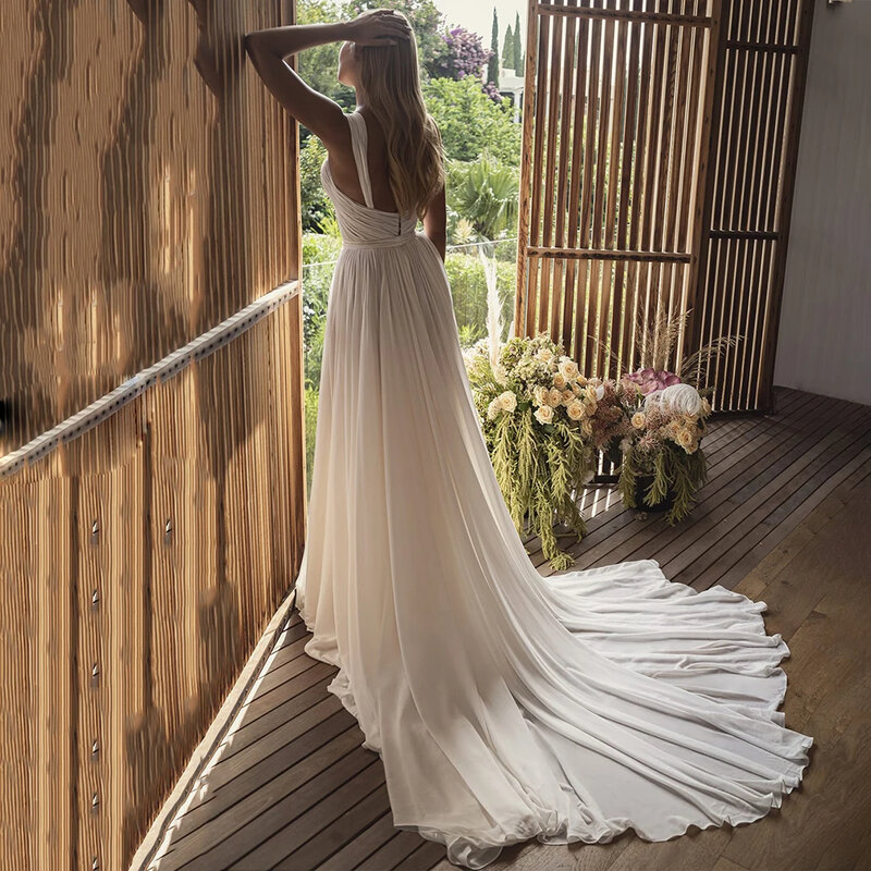 Свадебное платье с высоким разрезом и открытой спиной, цветочные свадебные платья, простой стиль, в стиле бохо, цвета слоновой кости, а-силуэт, плиссированные шифоновые пляжные платья