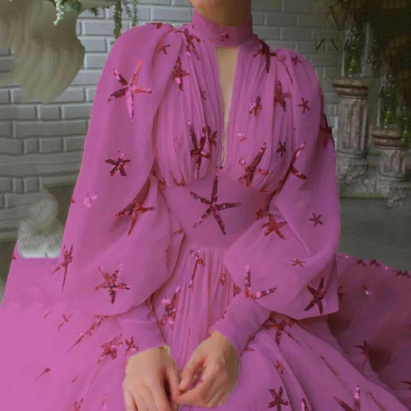 Женское шифоновое платье с рисунком, платье-макси с рукавами-фонариками и воротником-стойкой, элегантное платье для выпускного вечера, 2024