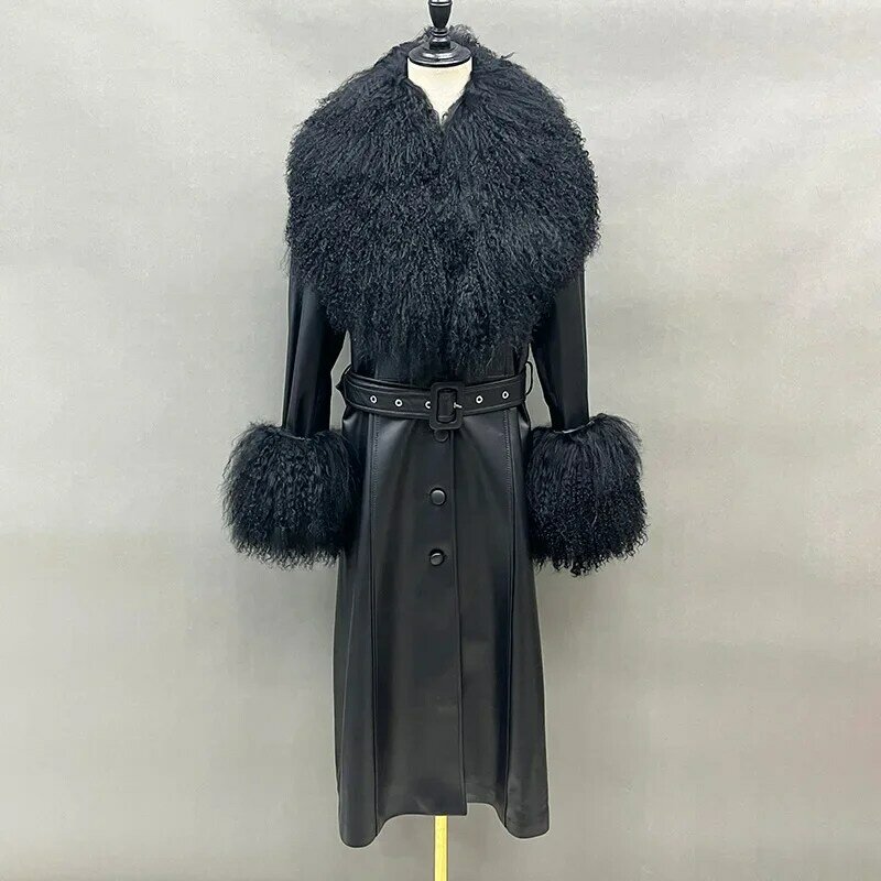 Lady Fashion Streetwear Leather Trench Coat Women's Real Leather Long Jacket Mongolian Fur Collar Overcoat Genuine Sheepskin
