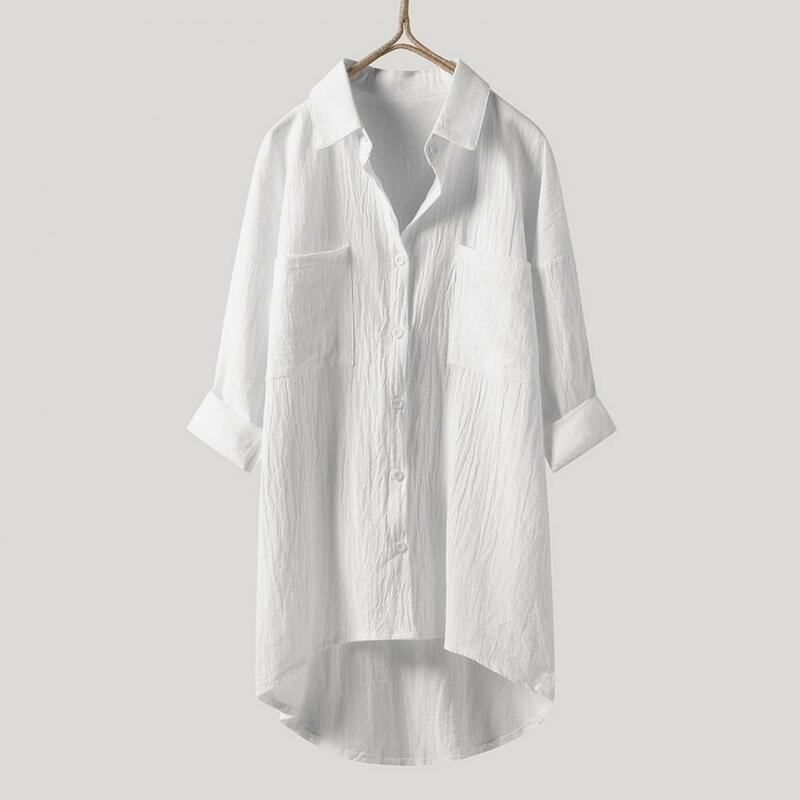 Women Button-up Blouse Stylish Women's Spring Summer Casual Shirt with Lapel Pockets Loose Fit Solid Color Long for Streetwear