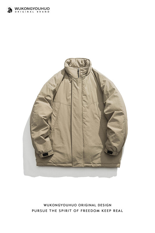 Jaket parka hangat pria, jaket parka Pasangan longgar tahan angin merek trendi Jepang kerah berdiri gaya fungsional sederhana Retro