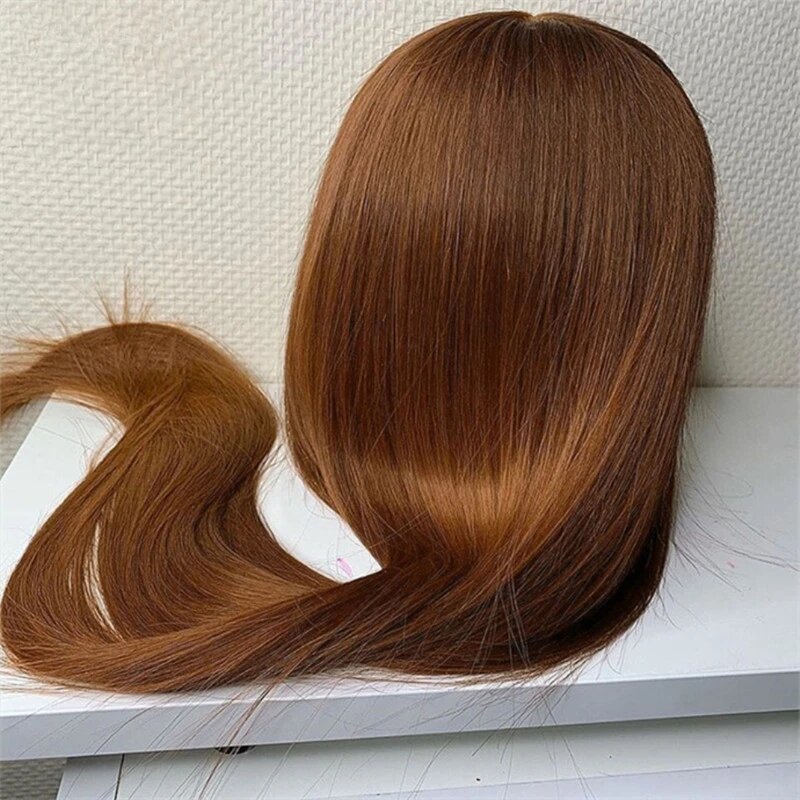 Peluca de cabello sintético liso prearrancado para mujeres africanas, peluca frontal de encaje marrón Auburn, fibra larga resistente al calor sin pegamento