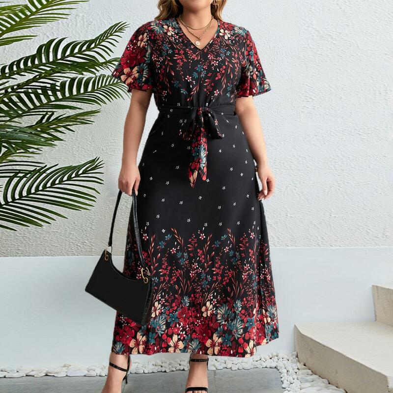 Vestido maxi com estampa floral elegante para mulheres, cintado decote em v, detalhe com cordões, cinto plus size, comprimento do tornozelo