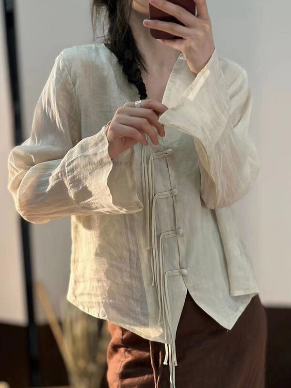 Chiński koszula z guzikami Vintage dla kobiet z długim rękawem szyfonowa bluzka z długim rękawem i długim rękawem