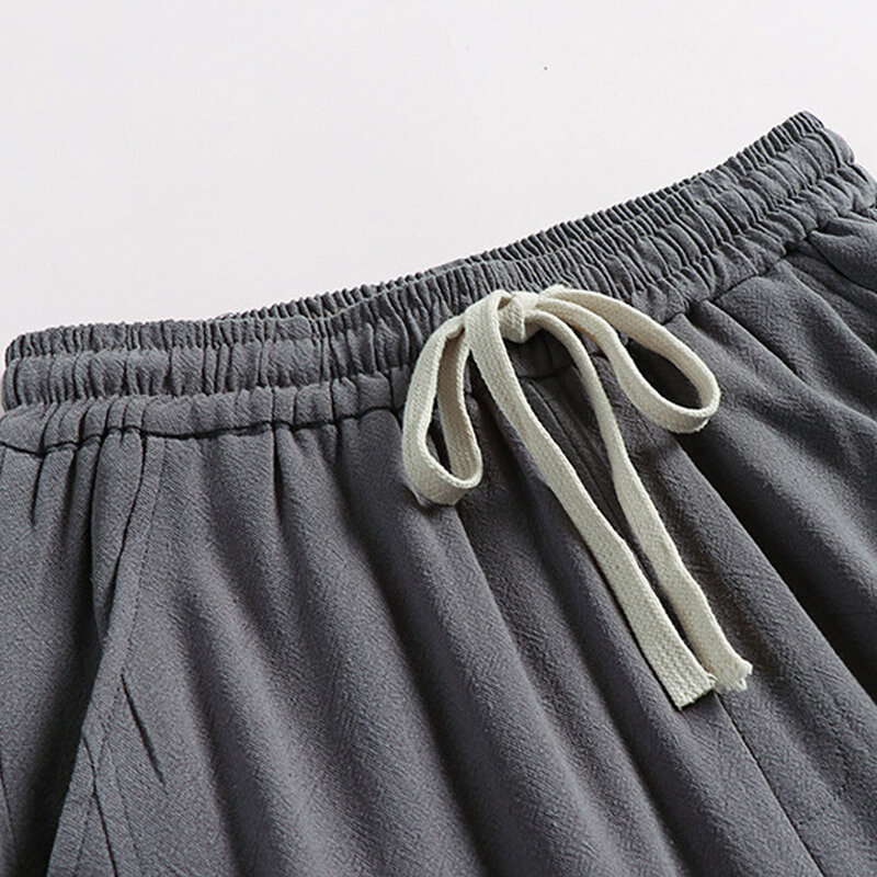 กางเกงผ้าลินินผู้ชายยาวถึงข้อเท้าในฤดูร้อนกางเกงเอวยางยืดสำหรับ9XL ไซส์ใหญ่ลำลองสีพื้น