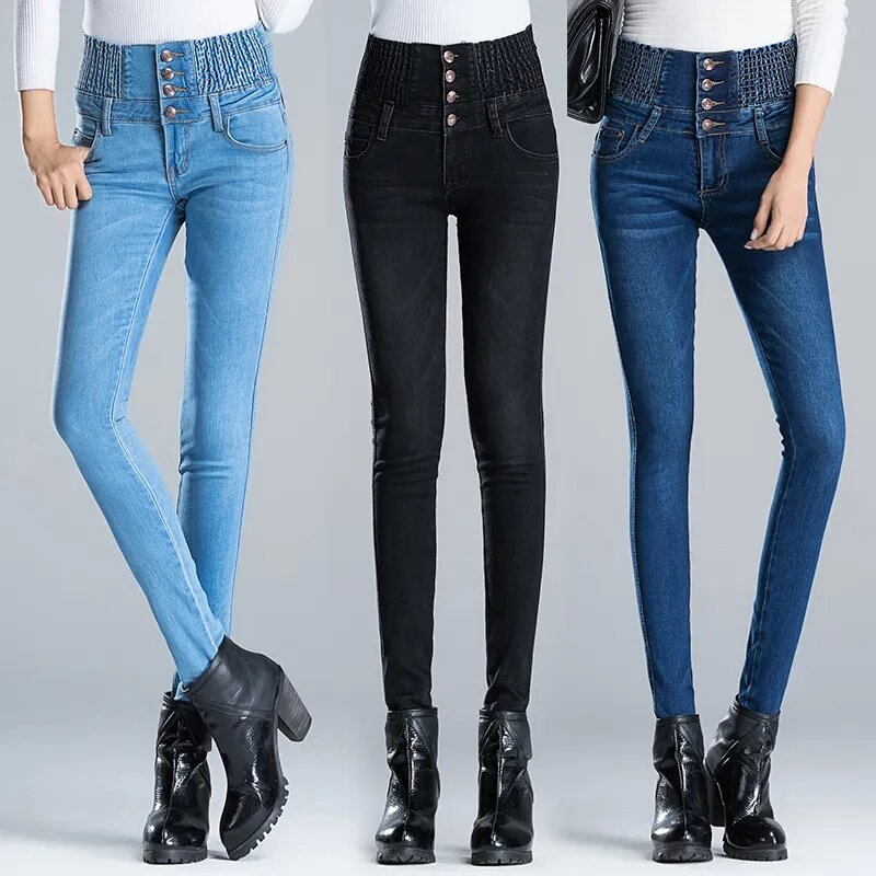 Celana Jeans kurus tebal pinggang tinggi, celana pensil Denim ukuran besar 95kg, celana hangat melar ramping beludru Vaqueros musim dingin