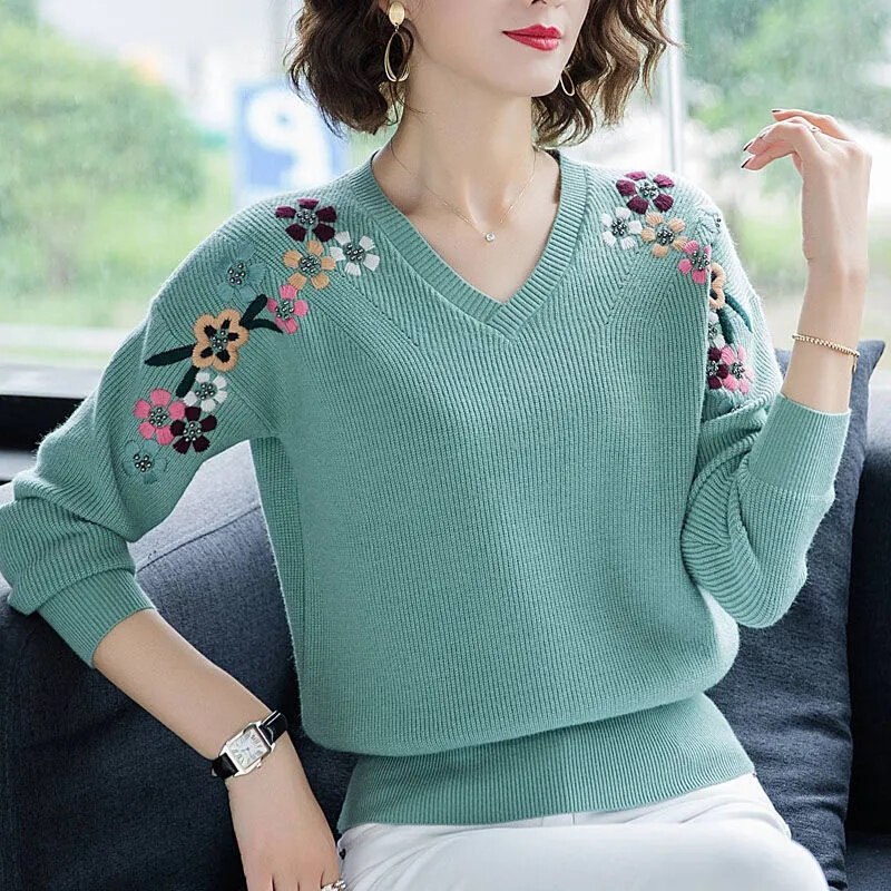 2023 nuove donne maglione lavorato a maglia Pullover Femme moda fiore ricamato maglieria maglioni di base maglione Casual sciolto top