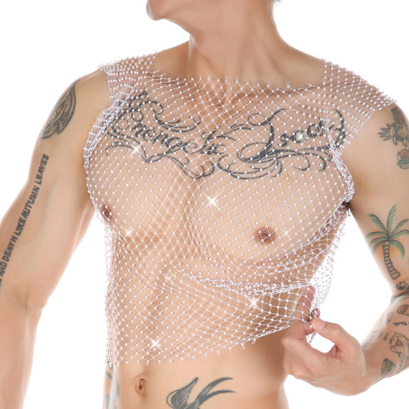 Mens Sexy Net Stretch Bodysuit Nylon Square Collar Mesh Sheer Sleeveless Vest Hollow Lingerie Erotic Tank Tops Night Clubwear