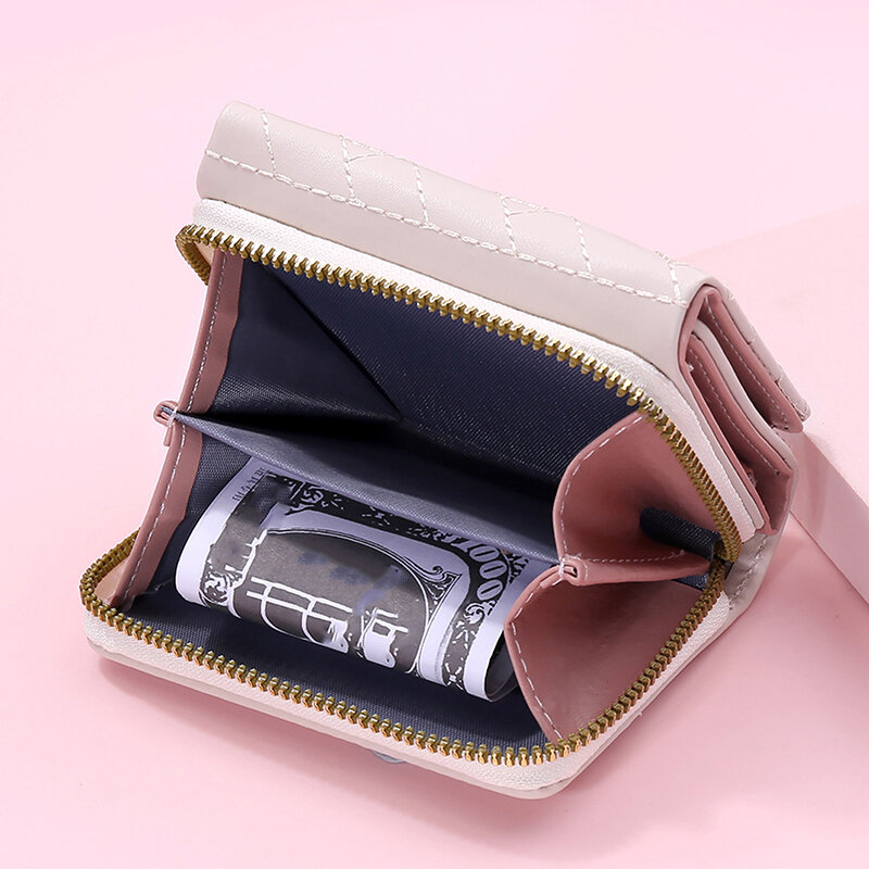 Dompet lipat tiga wanita, tas kartu PU Multi objek saku pendek gaya bordir pola cinta minimalis Korea 2023