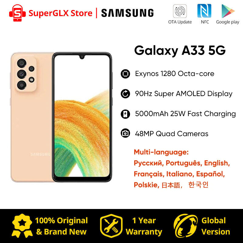 Novo original samsung galaxy a33 5g smartphone exynos 1280 octa-core 90hz super amoled display 5000mah 25w carregamento rápido telefone