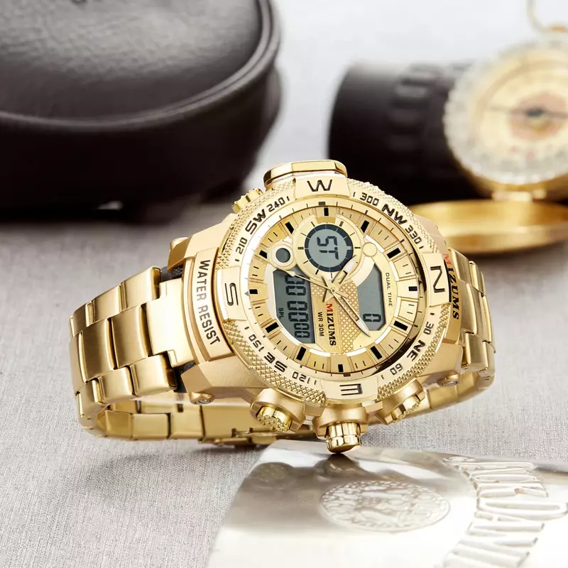 Homens Relógio Digital de Quartzo, Relógios Esportivos, LED, Impermeável, Chrono, Militares, Moda, Ouro, Aço, Relógio de Pulso